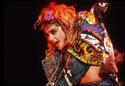 Madonna in concert, Cincinnati, Ohio, in July 1985. First tour. Happy, joyful, and grateful for her new fans.
